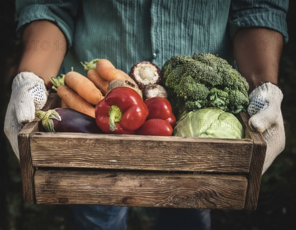 Man holding wooden crate with vegetables. Wooden box filled with fresh food products and ready for