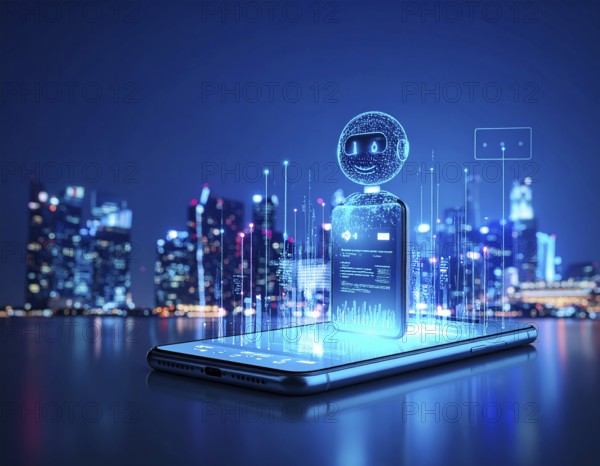 Futuristic AI chatbot hologram symbolizing digital communication, smart assistance, and innovative