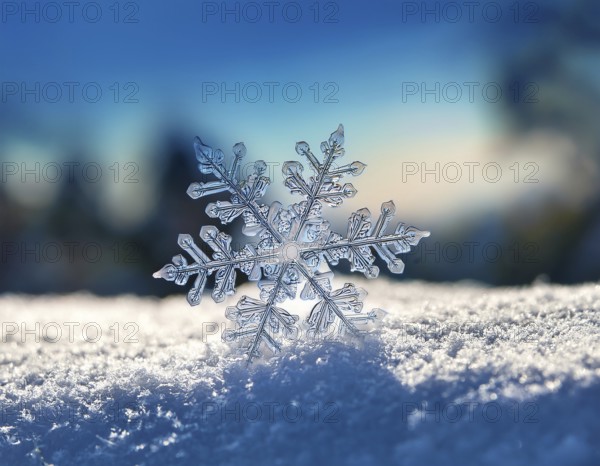 Macro photo of real snow crystal on glass surface. This is small snowflake with unusual pattern, AI