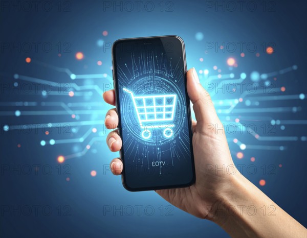 Hand holding smartphone glowing shopping cart icon poster symbolizing online shopping, e-commerce,