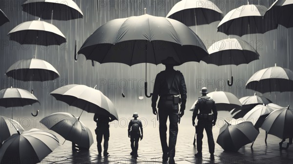 Conceptual man with umbrella rain art poster, symbolizing resilience, strength, and motivation