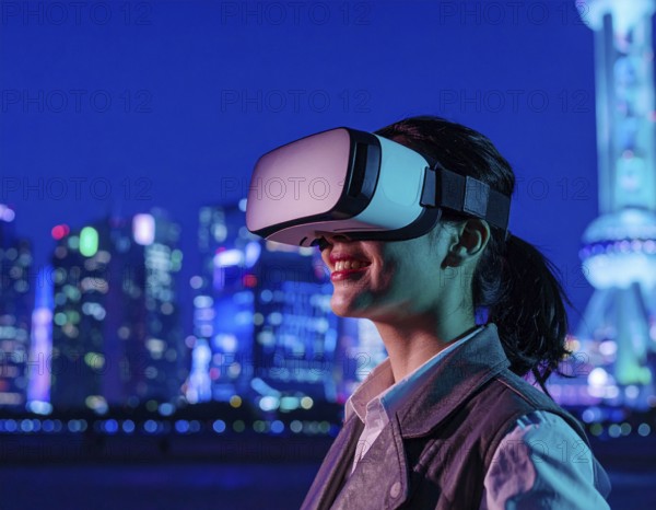 A VR headset user immersed in gaming and metaverse, representing digital entertainment,