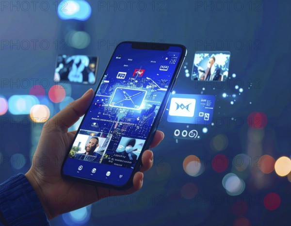 Futuristic AI chatbot hologram floating, symbolizing digital communication, smart assistance, and