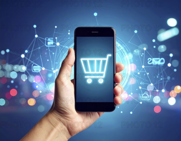 Hand holding smartphone glowing shopping cart icon poster symbolizing online shopping, e-commerce,