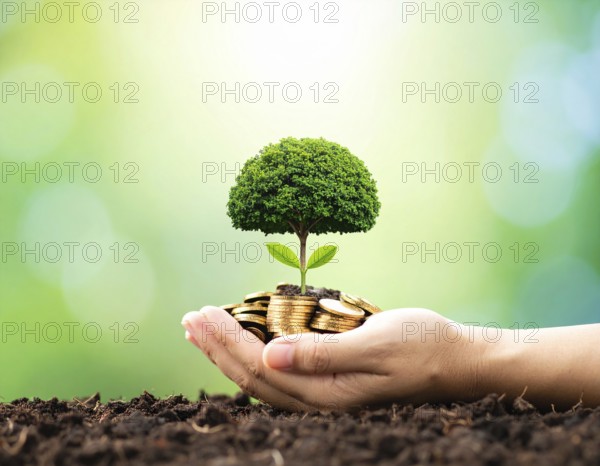 Coins with seedling eco saving concept image symbolizing financial growth, sustainable development,