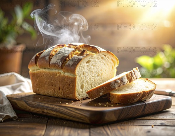Fresh baked bread steaming on rustic wooden background, symbolizing artisanal baking, tradition,