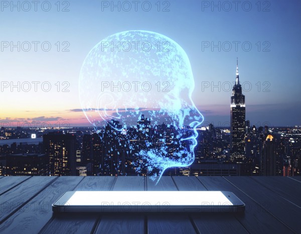 Futuristic AI chatbot hologram floating, symbolizing digital communication, smart assistance, and