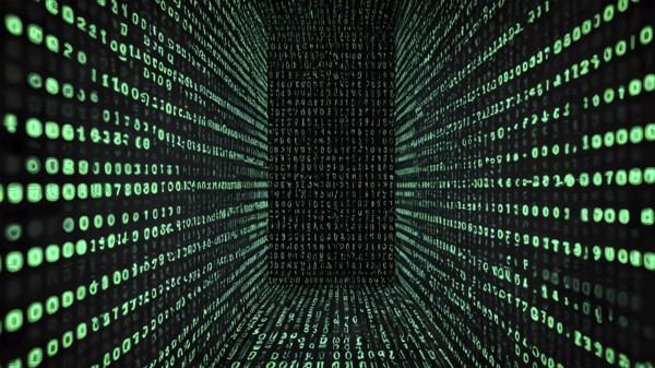 Digital matrix movie screen poster featuring green falling code and futuristic cyberpunk design for