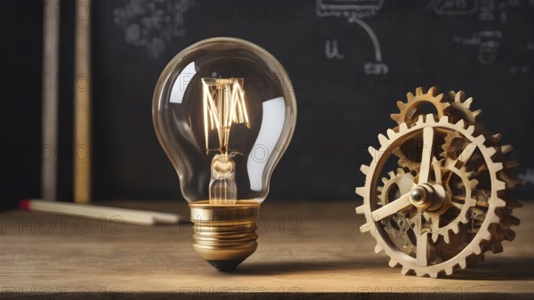 Light bulb with gears concept poster symbolizing creativity, invention, innovation, mechanical