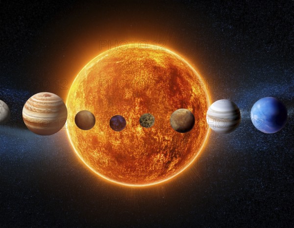 A solar system concept image displaying planets aligned in orbit, symbolizing astronomy, cosmic