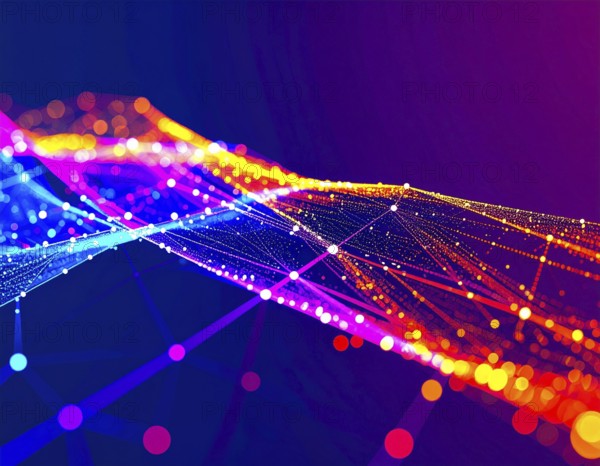 Abstract technology network wall art with glowing multi-color lines and nodes, futuristic digital