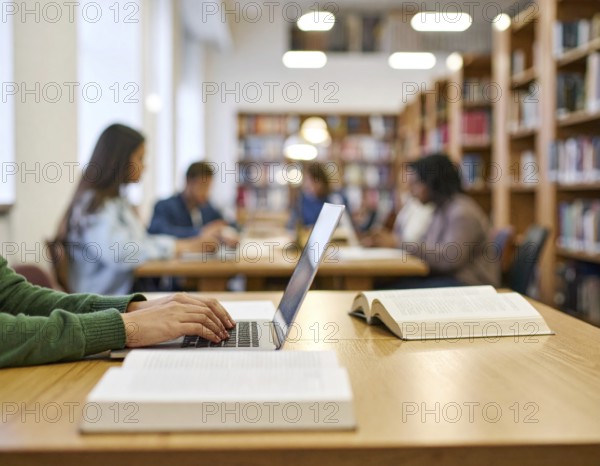 University students studying with open books and laptops, symbolizing education, collaborative