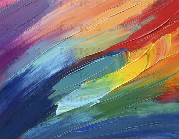 Vibrant rainbow brush strokes create abstract artistic background, blending vivid hues into modern