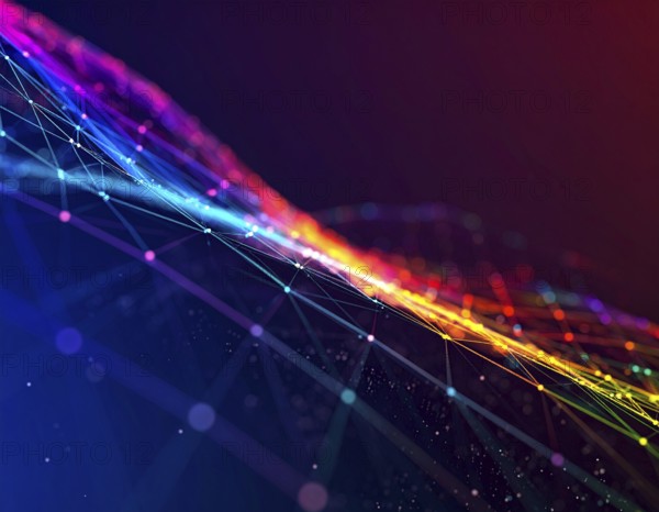 Abstract technology network wall art with glowing multi-color lines and nodes, futuristic digital