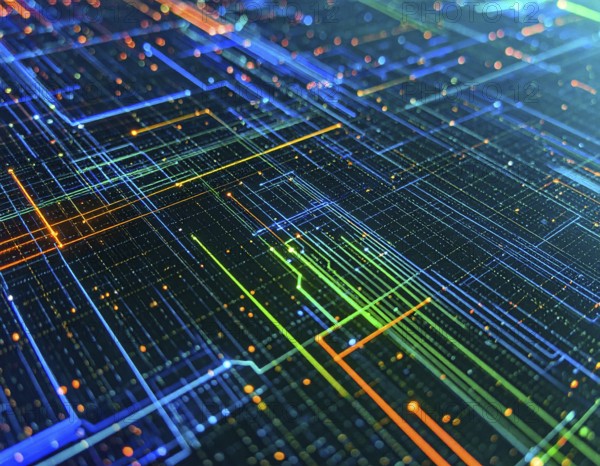 Abstract cyber grid wall art design with glowing digital lines, futuristic network visualization,