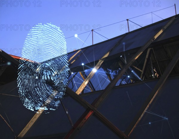 Glowing digital fingerprint wall art symbolizing cybersecurity, identity protection, and futuristic