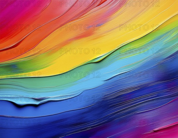 Vibrant rainbow brush strokes create abstract artistic background, blending vivid hues into modern