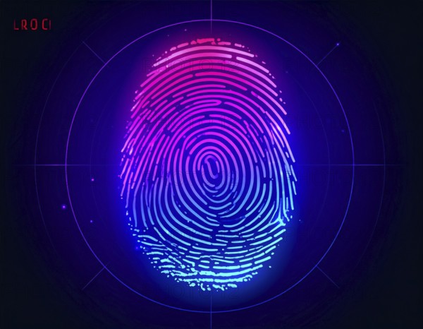 Glowing digital fingerprint wall art symbolizing cybersecurity, identity protection, and futuristic