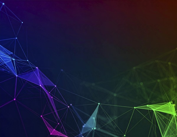 Abstract technology network wall art with glowing multi-color lines and nodes, futuristic digital
