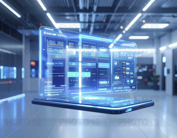 Futuristic AI chatbot hologram floating, symbolizing digital communication, smart assistance, and