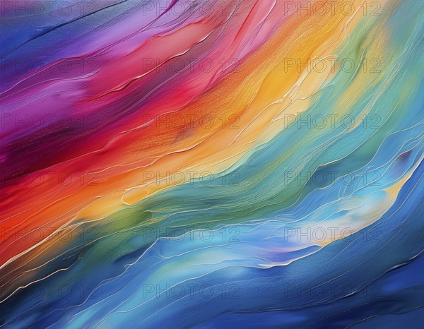 Vibrant rainbow brush strokes create abstract artistic background, blending vivid hues into modern