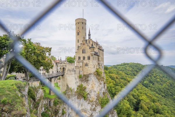 Castle on a hill, framed by green forest and viewed through a lattice, Lichtenstein Castle,