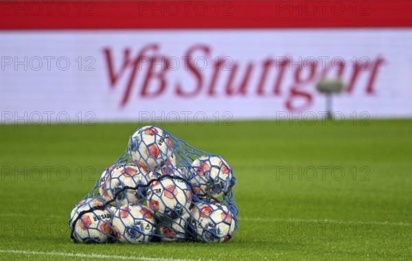 Adidas Derbystar match balls in ball net, perimeter advertising VfB Stuttgart, Bundesliga football,