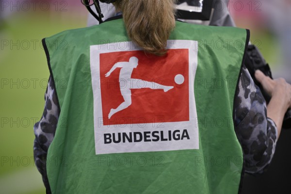 TV camera, camerawoman from behind, bib, logo football Bundesliga, MHPArena, MHP Arena Stuttgart,