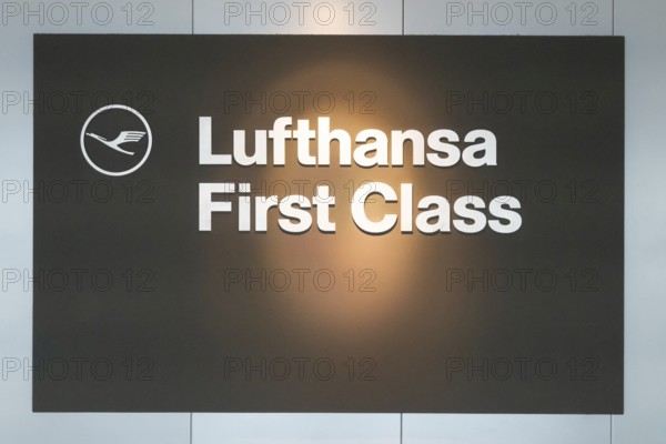 Illuminated sign in the airport for a lounge with the inscription Lufthansa First Class, Frankfurt,