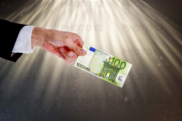 Symbolic image, hand reaches out 100-euro note, purchasing power, stable currency, currency war,