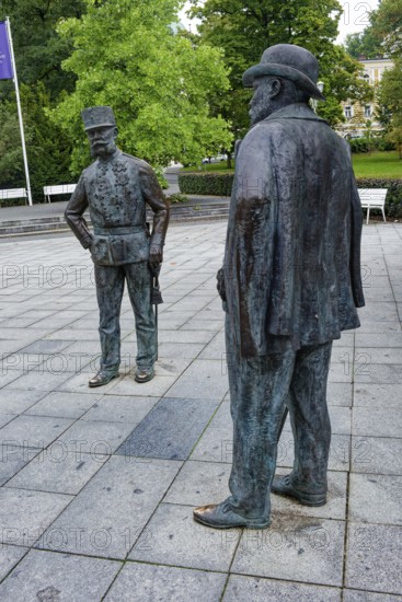 Statues of Emperor Franz Joseph I and King Edward VII, spa in the Imperial Forest, healing spring,