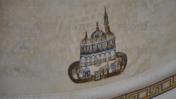 Historical fresco with mosque image on a domed wall, Ibrahim Pasha Mosque, Old Town, Turkish