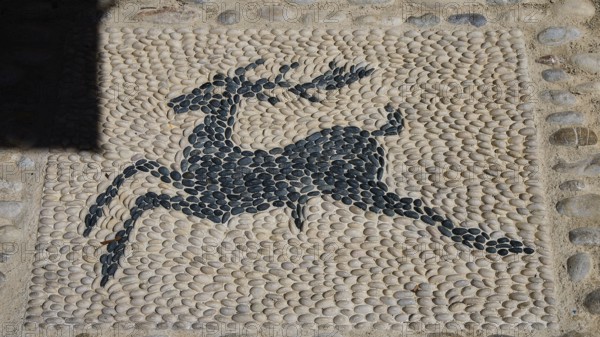 Mosaic artwork of a deer made of pebbles in the street, Turkish Quarter, Rhodes Old Town, Rhodes