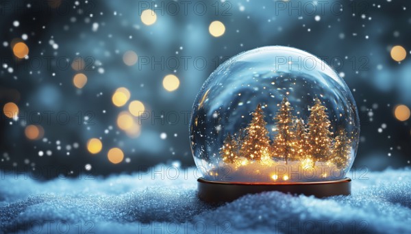 Enchanting Christmas Snow Globe In Evening Night With Falling Snow And Abstract Blue Defocused