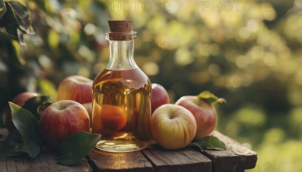 Fresh Apples And Apple Cider Vinegar In Glass Bottle - A Perfect Combination For Health And Flavor