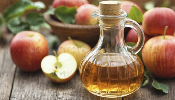 Fresh Apples And Apple Cider Vinegar In A Glass Bottle - A Perfect Combination For A Healthy