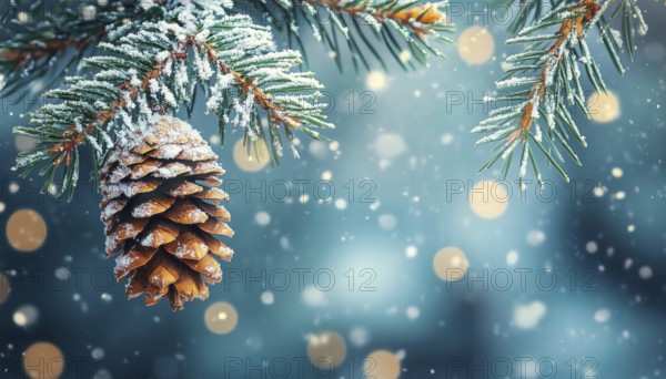 Christmas Fir Branch Adorned With Pine Cone And Snow Flakes For The Holiday Season - A Festive