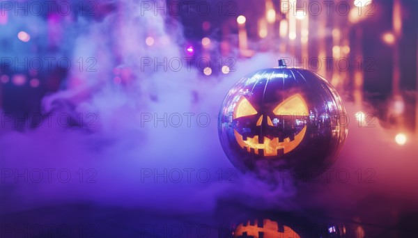 Glowing Halloween Mirror Ball In Pumpkin Disco: Spooky Sphere, Nightclub Atmosphere, Smoke,