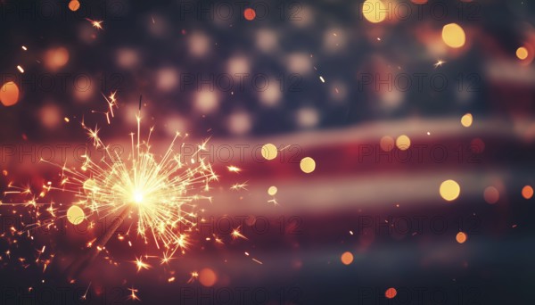 Abstract Defocused Lights On An American Flag With Sparkler For Independence Day And Memorial Day