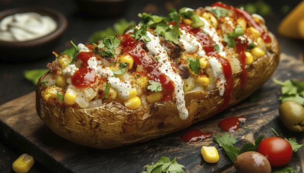 Traditional Turkish Kumpir: Baked Potato Loaded With Cheese, Corn, Sausage, Ketchup, Mayonnaise,
