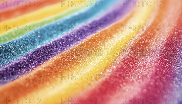 Vibrant Rainbow Coloured Sand Close Up With White Copy Space. Capturing Sand'S Texture, Motion,