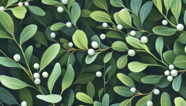 Effortless Elegance: Mistletoe Bunch Pattern Featuring Green Branches And White Berries For