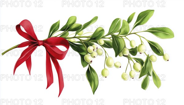 Festive Mistletoe Branches Adorned With Berries And A Red Bow On A White Background. Traditional