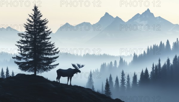 Majestic Moose Silhouette On Hill With Tree, Mountains, And Forest In Enchanting Misty Landscape.