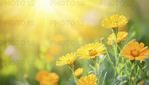 Beautiful Summertime Scene With Marigold Flowers In Sunlight: Calendula Officinalis Blooms In Full