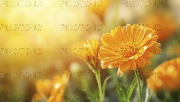 Summer Beauty: Marigold Flowers Bathed In Sunlight. Stunning Natural Landscape Featuring Blooming