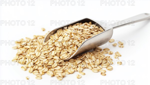 Premium Oat Groats And Rolled Oats Displayed On Metal Scoop Against A White Background - Featuring