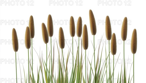 Assorted Names For Wetland Plants Showcased Against White Background: Bulrush, Cattail, Elephant
