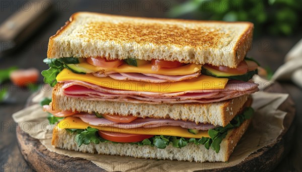 Classic Ham And Cheese Double Sandwich With Fresh Vegetables On Whole Wheat. Close-Up, Vertical