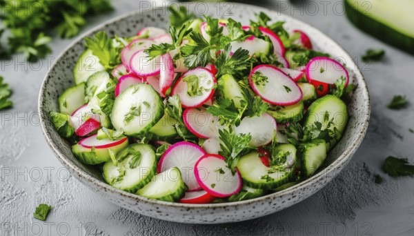 Top View Close-Up Of A Delicious Vegetable Salad With Radish, Cucumber, And Herbs On A Gray Plate,